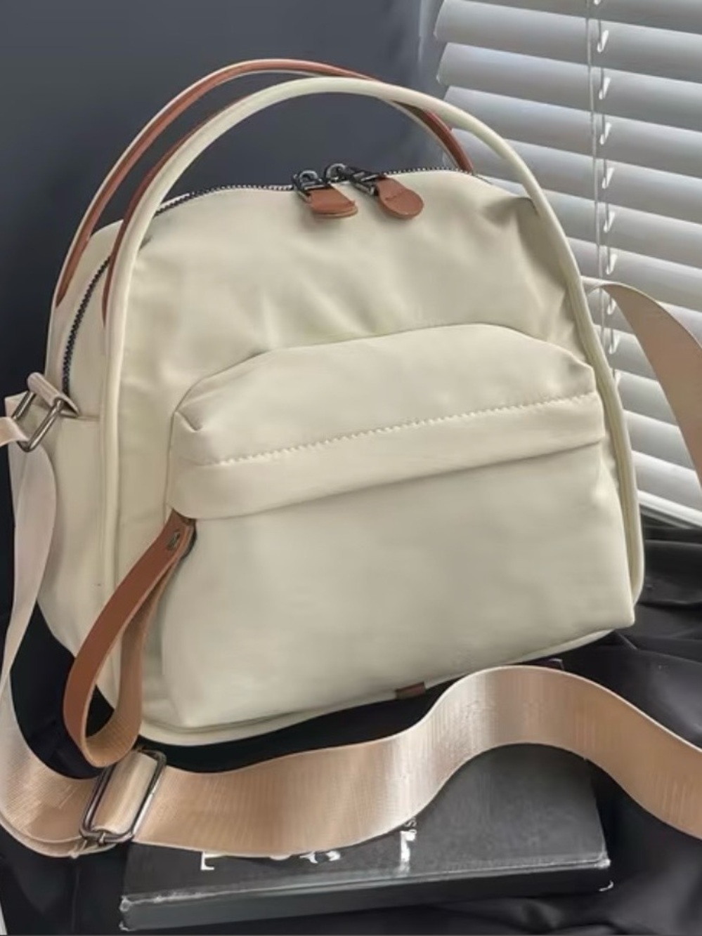 Cream Crossbody Mini Backpack with Tan Accents